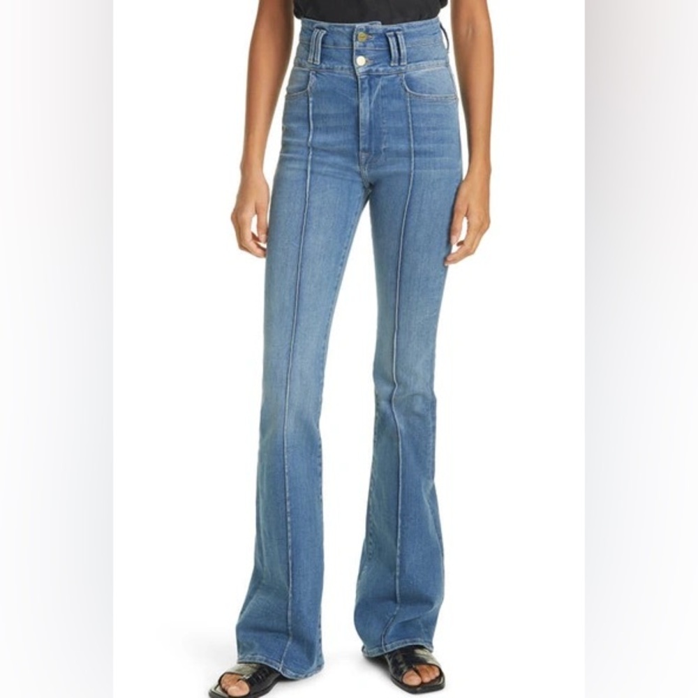 Frame Denim Vertical-Seam High-Rise Flare Jeans in Medium Blue